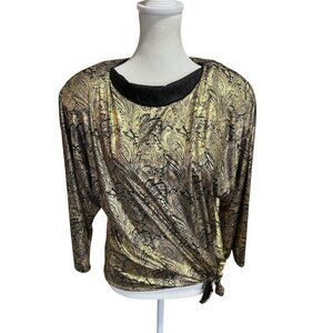 Vintage Frejani Women's 10 80s Gold/Black Paisley Blouse Long Sleeve Side Tie
